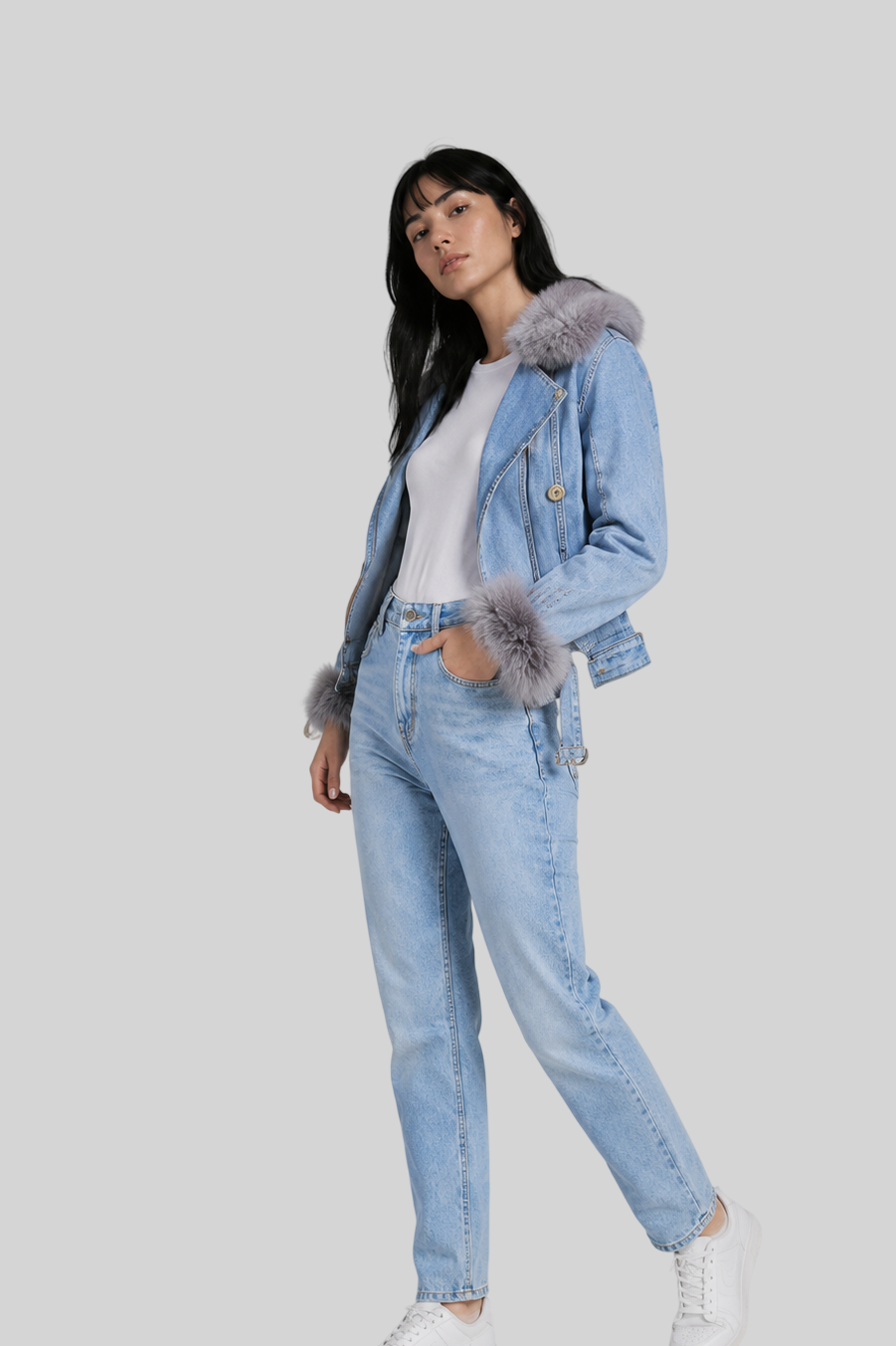Gefütterte Damen Jeansjacke – Winterjacke mit Abnehmbarem Kunstfell-Innenfutter