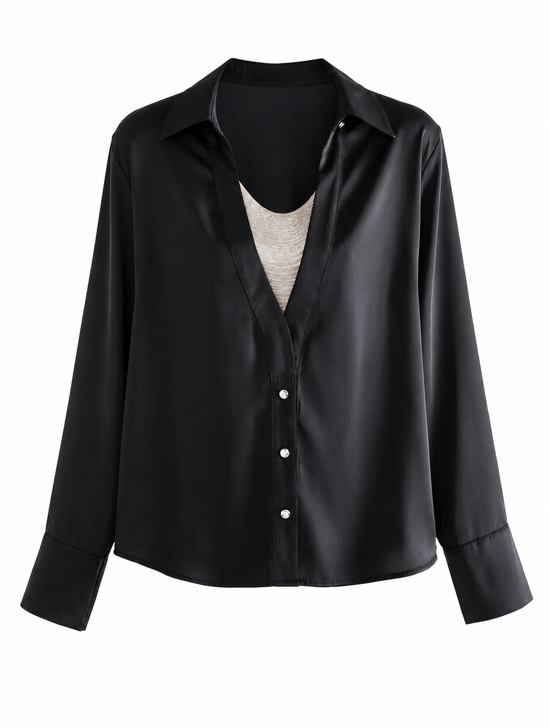 Damen V-Ausschnitt Bluse mit Perlenkette – Elegantes Langarm Top