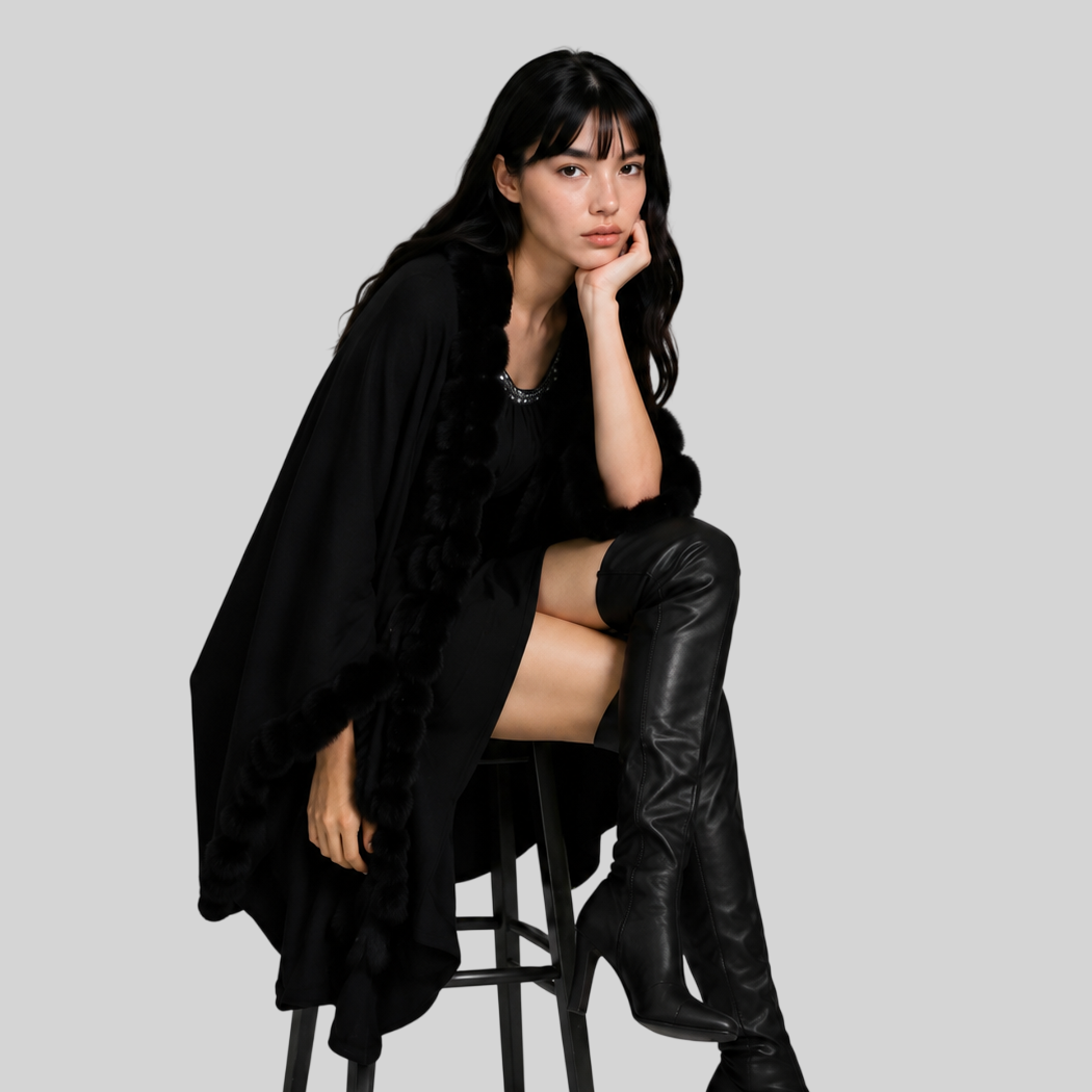Zeitloses Damen Cape mit Kunstfell – Eleganter Strick Poncho