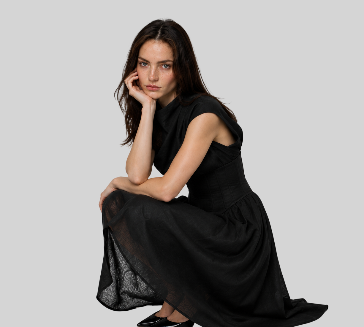 Damen Kleid Midi – Slim Fit, Rundhals, Kurzarm, geraffte Taille