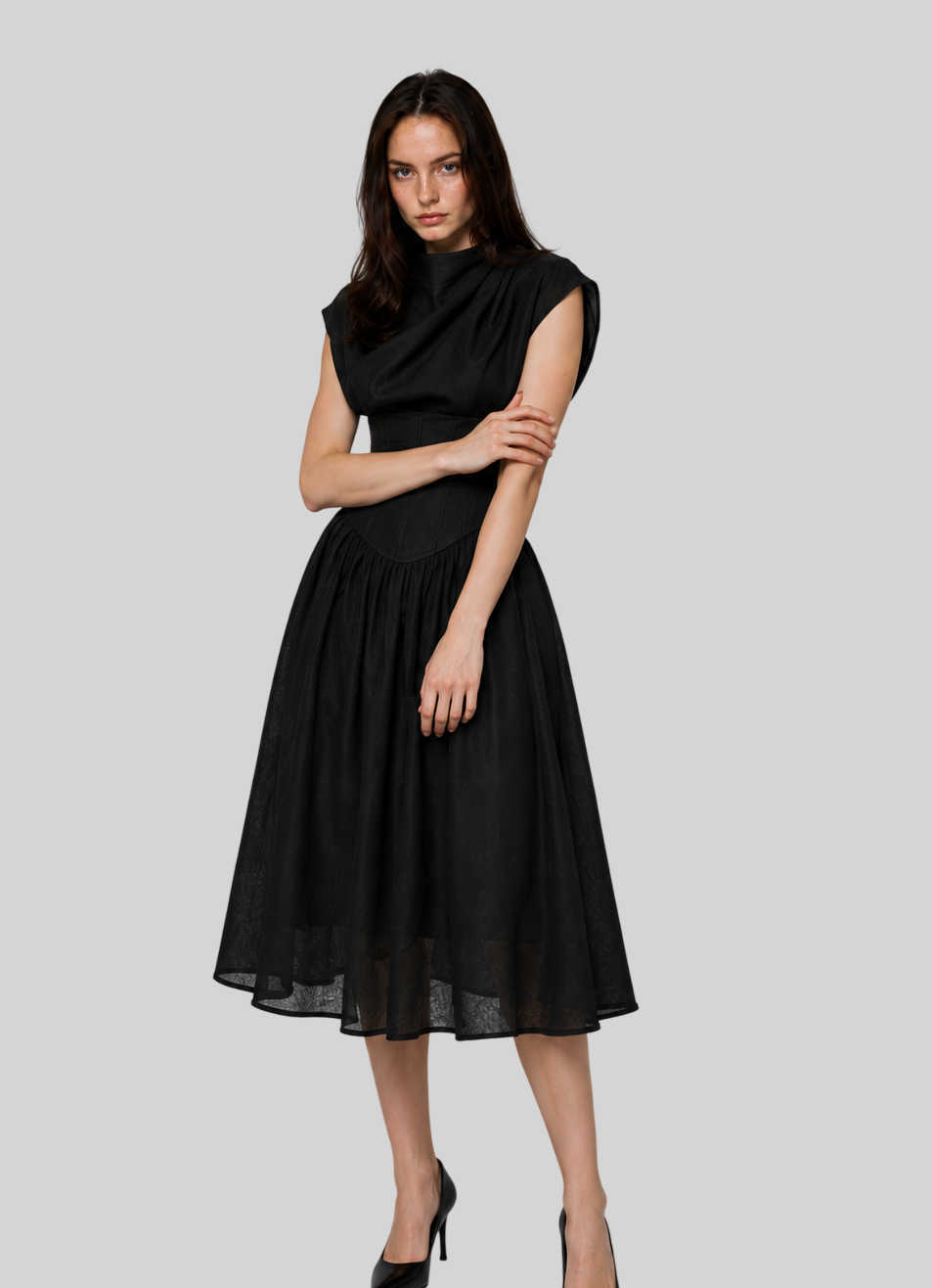 Damen Kleid Midi – Slim Fit, Rundhals, Kurzarm, geraffte Taille