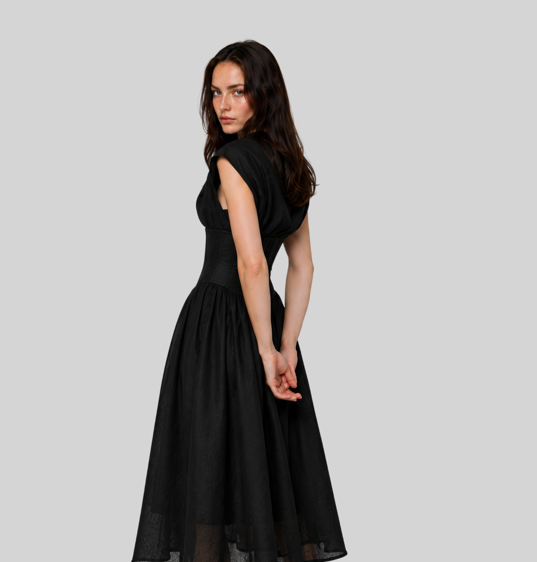 Damen Kleid Midi – Slim Fit, Rundhals, Kurzarm, geraffte Taille