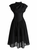 Damen Kleid Midi – Slim Fit, Rundhals, Kurzarm, geraffte Taille