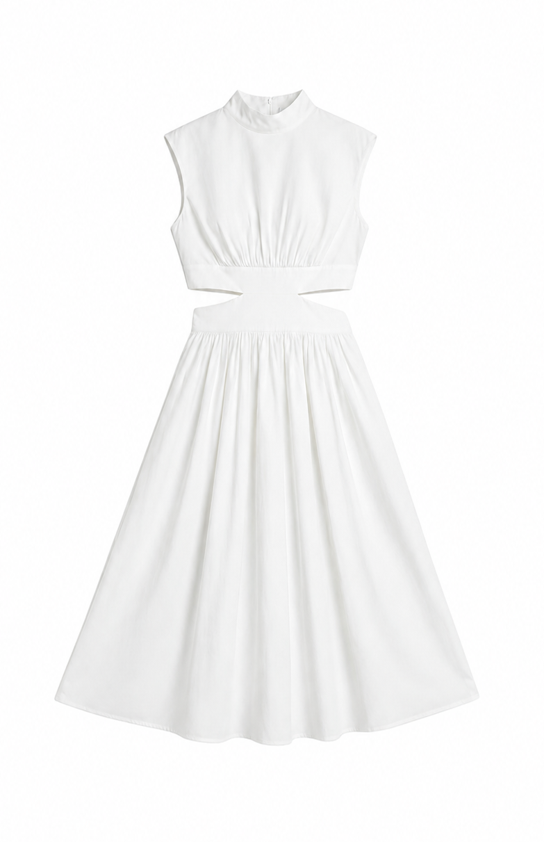 Stilvolles Damen Midikleid – Ärmellos, Stehkragen, Tailliert mit Cut-Out Detail