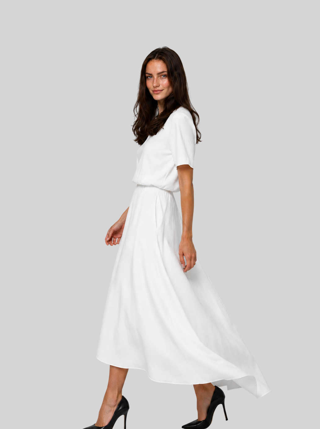 Damen Maxikleid – Lockeres Kleid mit Rundhals, Kurzarm und hoher Taille