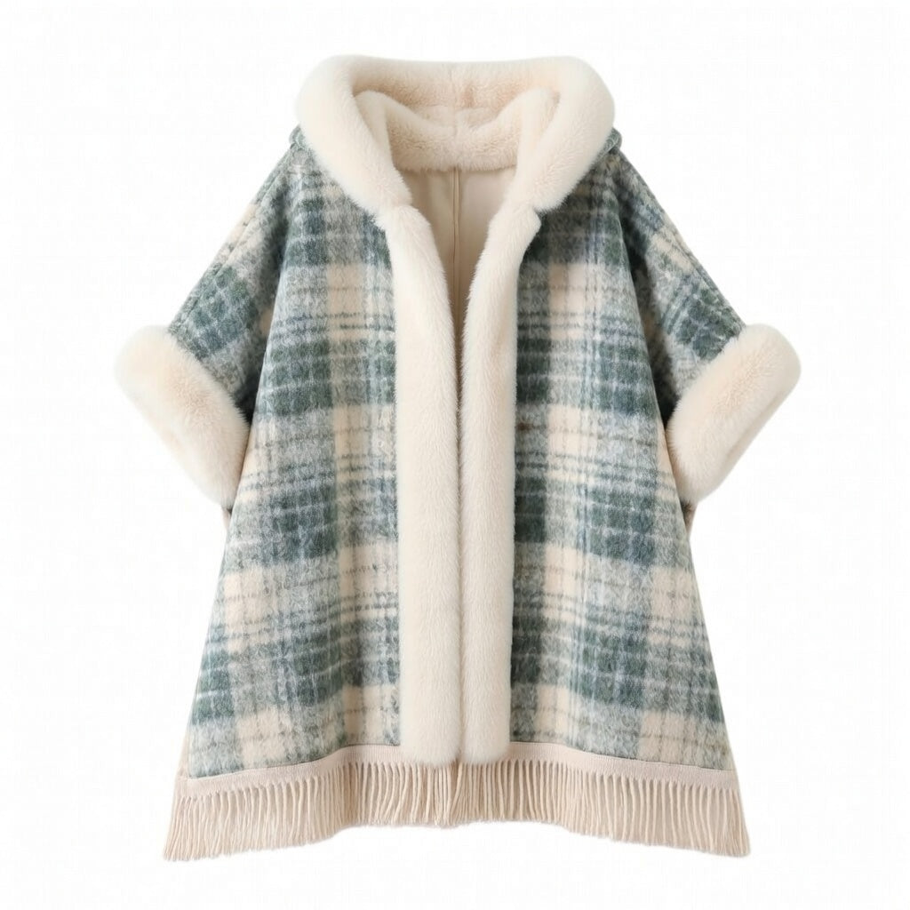 Elegantes Faux-Fur Cape mit Karomuster – Warmer Damen Poncho mit Kapuze