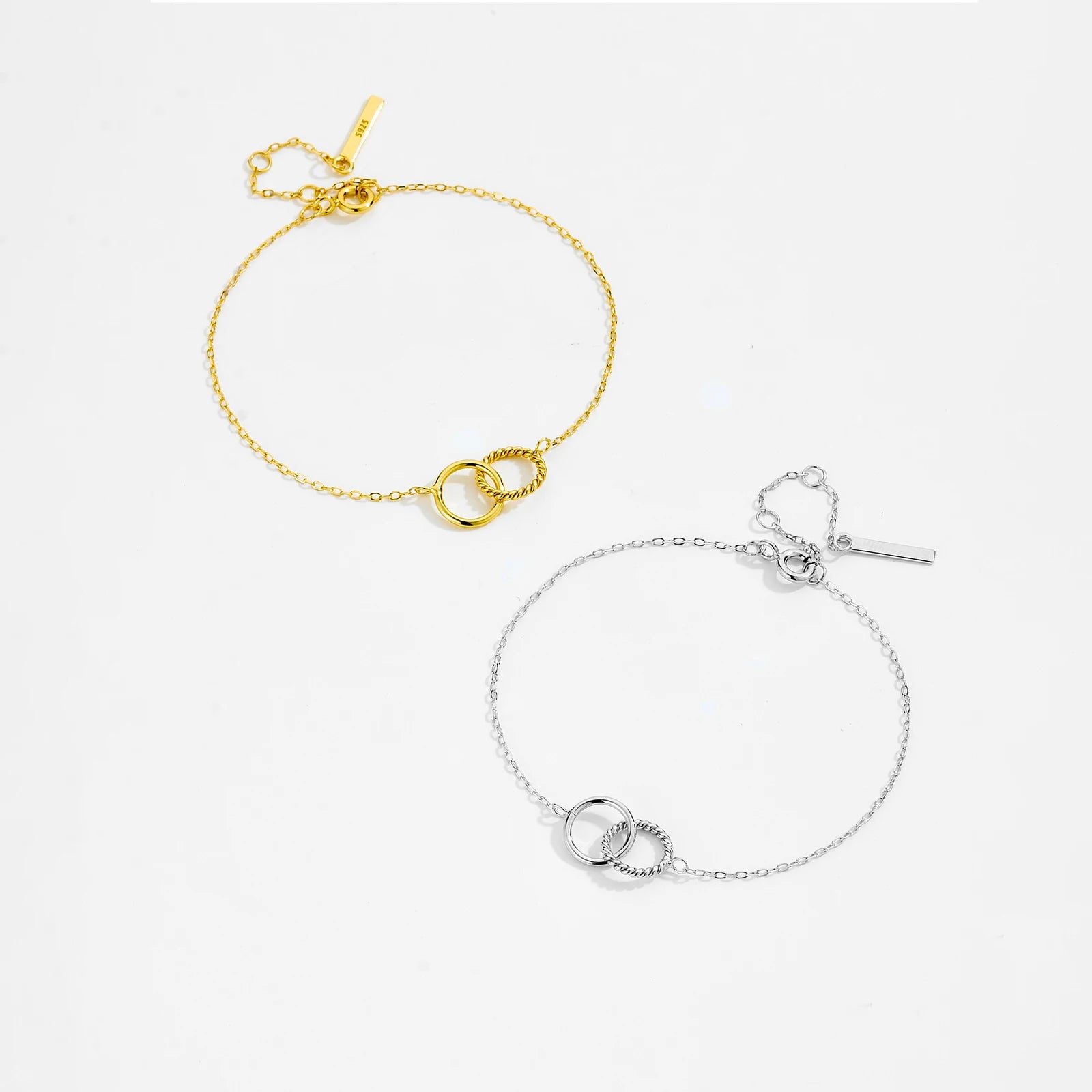 925 Sterling Silber Armband mit Vergoldung oder Platinbeschichtung – Doppelring-Verschluss | Minimalistisches Design mit glatten und gedrehten Gliedern