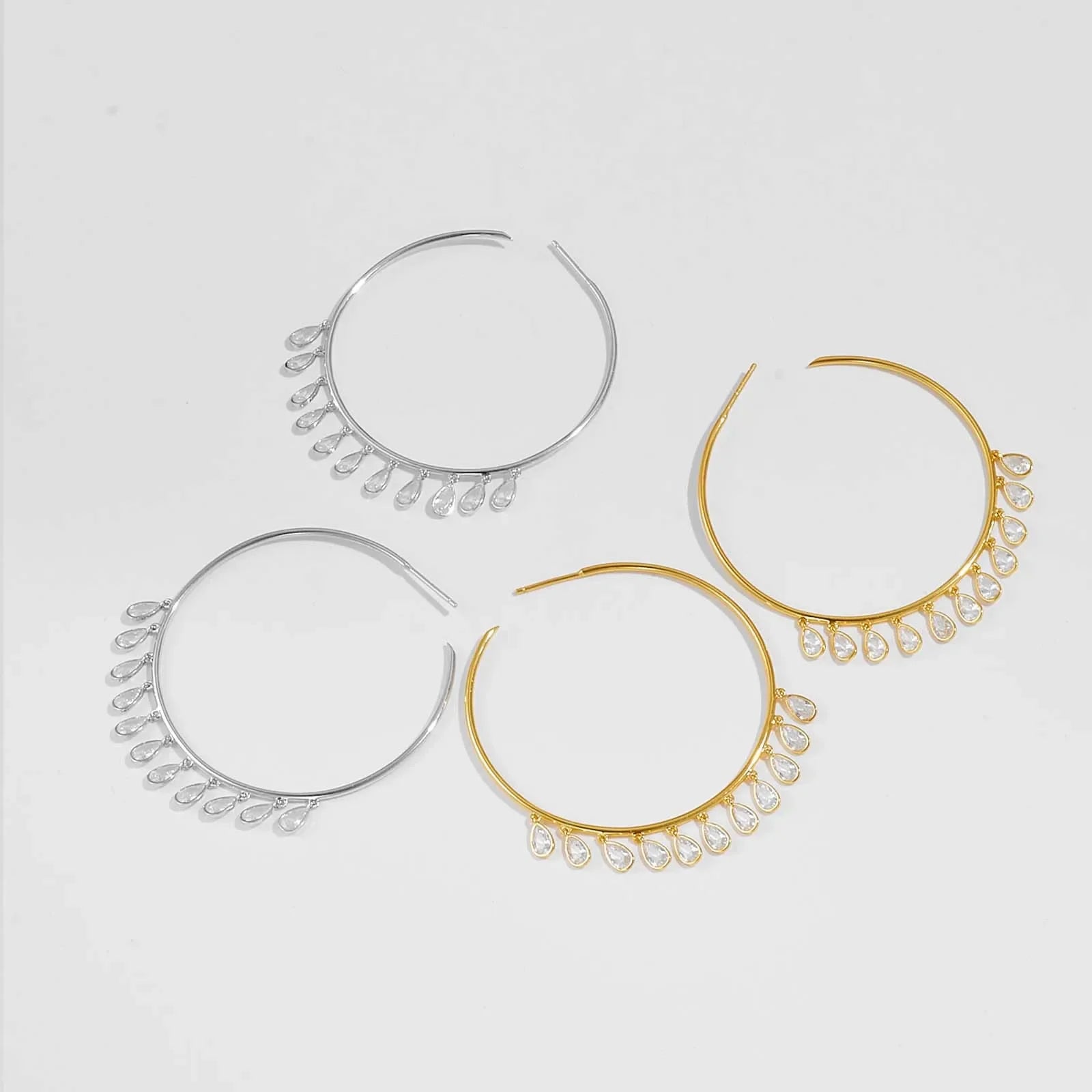 925 Sterling Silber Große Creolen 50mm mit Tropfen Zirkonia – Dünn, Elegant & Modern – Vergoldet oder Platinbeschichtet