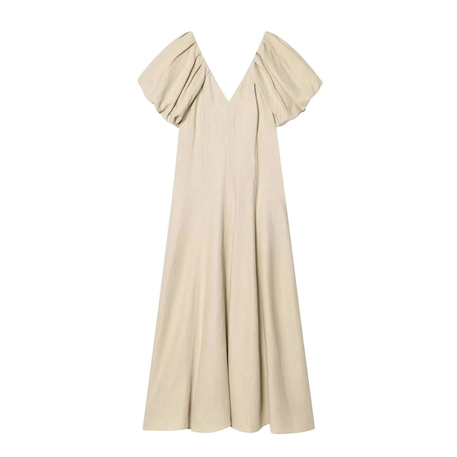 Elegantes Damenkleid mit V-Ausschnitt – luftiges Maxikleid mit Puffärmeln