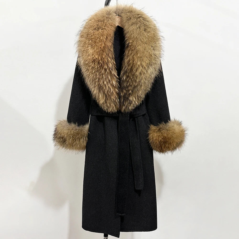 Eleganter Wollmantel mit Echtpelzkragen – Damen Wintermantel aus Wollmischung