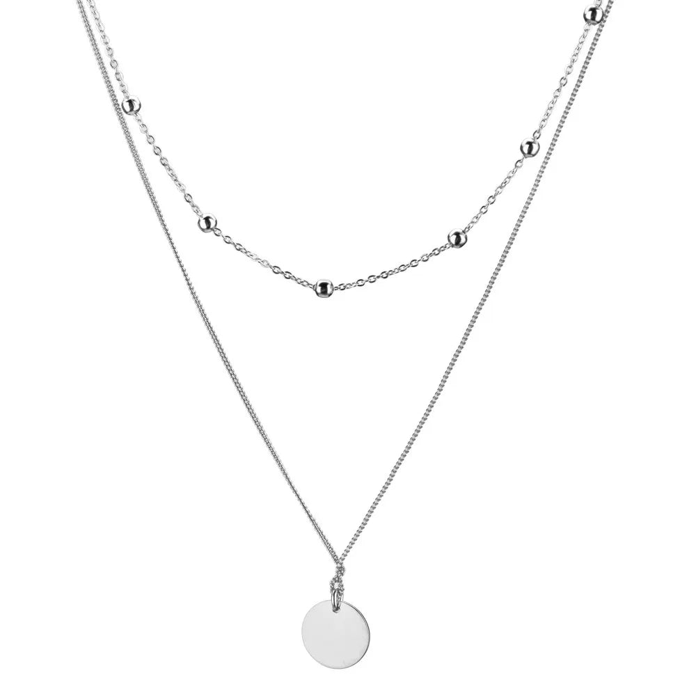 Elegante 925 Sterling Silber Doppel-Halskette mit Rundem Anhänger – Vergoldet oder platinbeschichtet, Verstellbar, Zeitloser Damen Schmuck