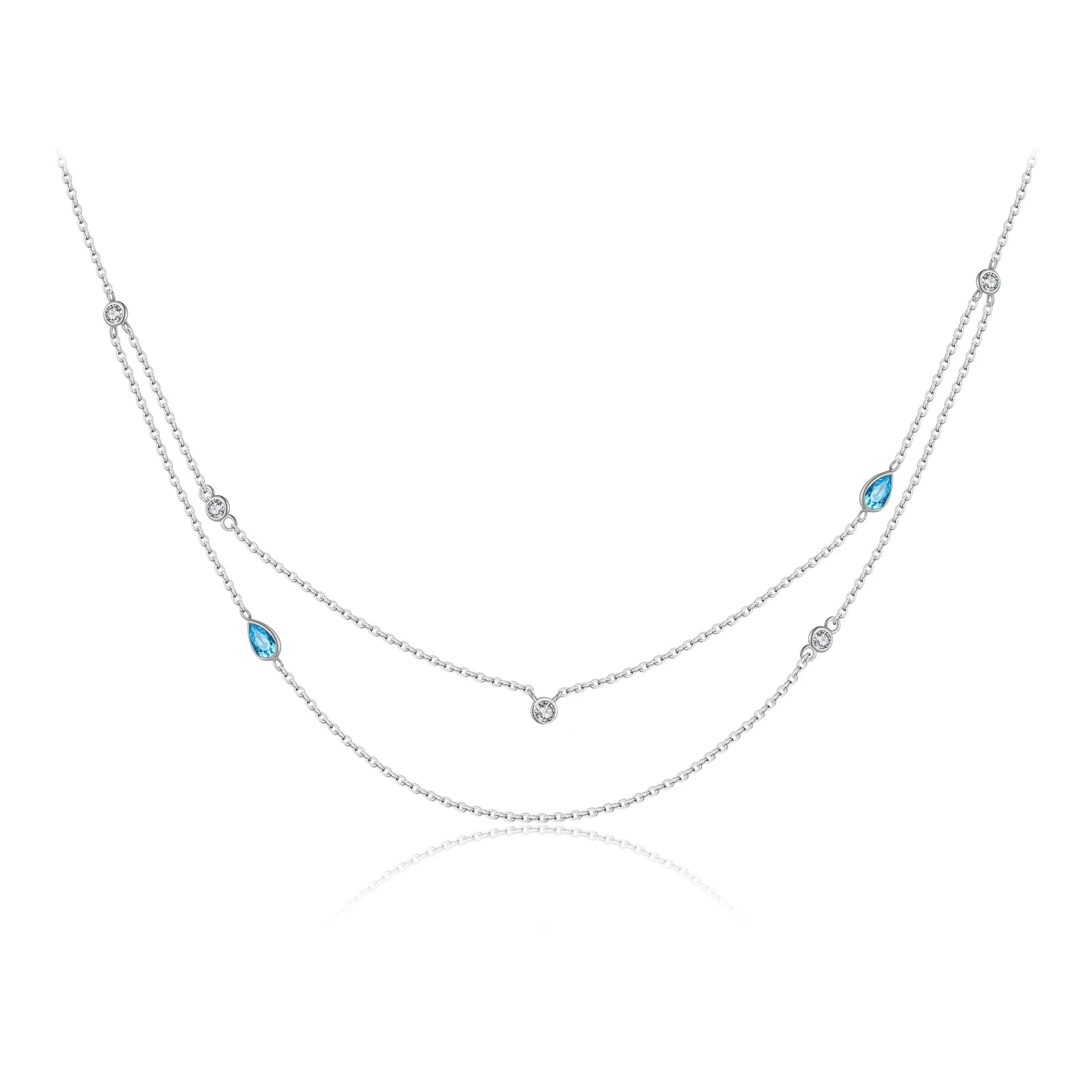 Luxuriöse 925 Sterling Silber Doppelketten Halskette, vergoldet oder platinbeschichtet, mit tropfenförmigem blauem Zirkonia – Zart, stilvoll & elegant