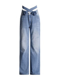 Damen High Waist Patchwork Jeans – Weite Denim Hose mit Cut-Out & Taschen