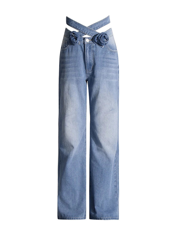 Damen High Waist Patchwork Jeans – Weite Denim Hose mit Cut-Out & Taschen