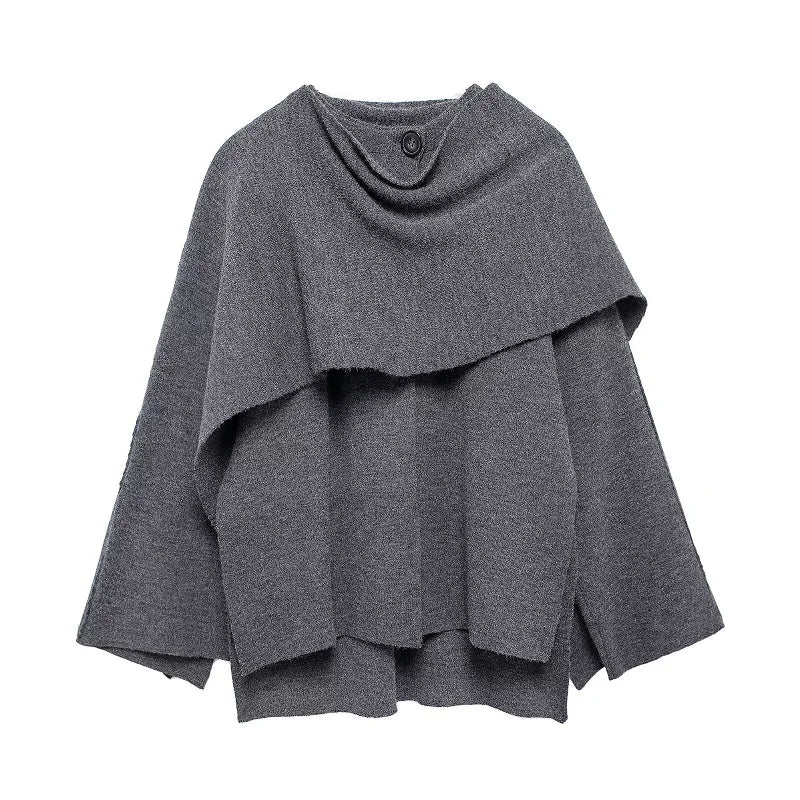 Eleganter Damen Cape Mantel – Strick Poncho mit Schal-Kragen