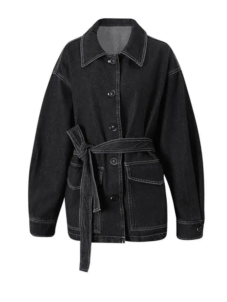 Damen Denim Jacke mit Gürtel – Casual Jeansjacke mit Reverskragen
