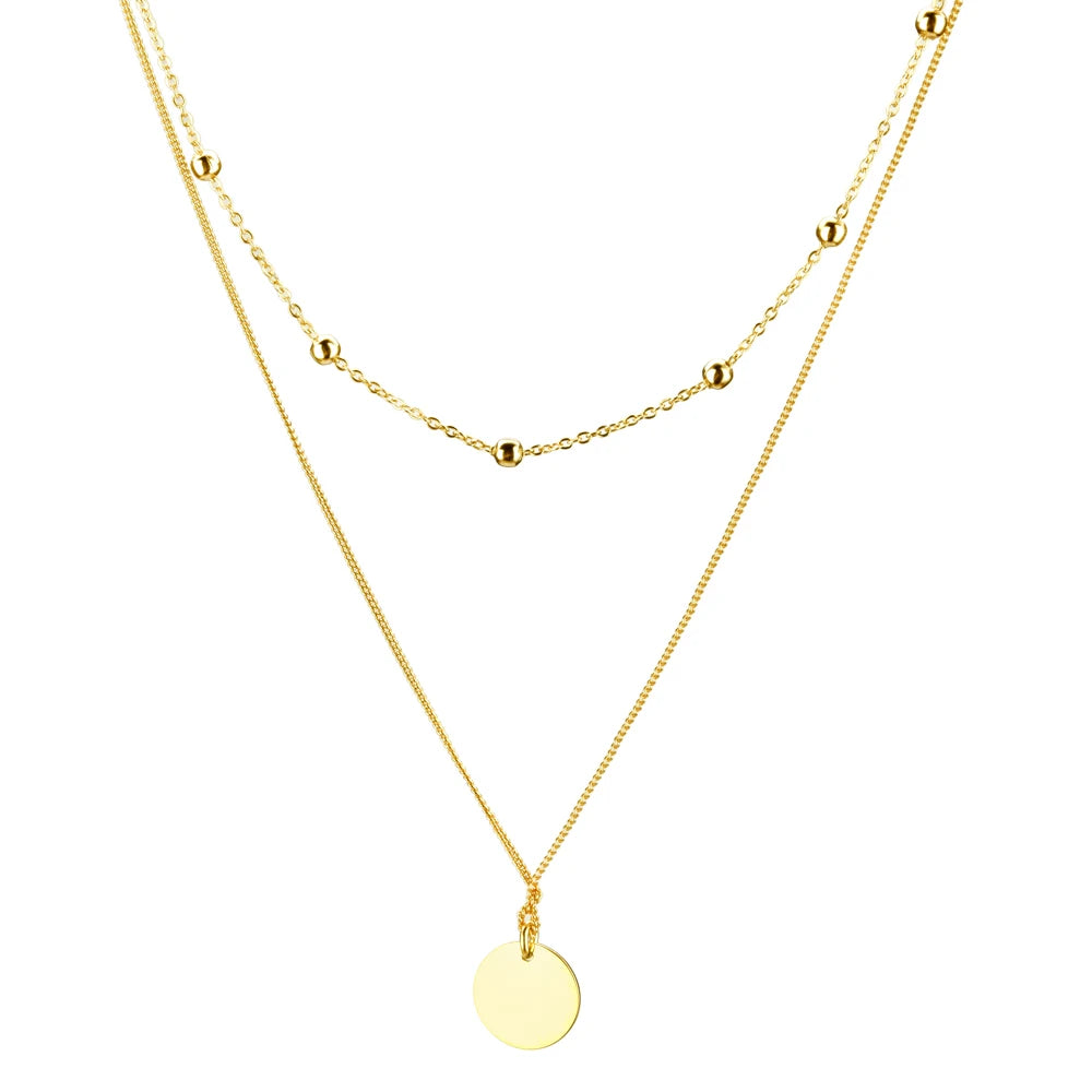 Elegante 925 Sterling Silber Doppel-Halskette mit Rundem Anhänger – Vergoldet oder platinbeschichtet, Verstellbar, Zeitloser Damen Schmuck