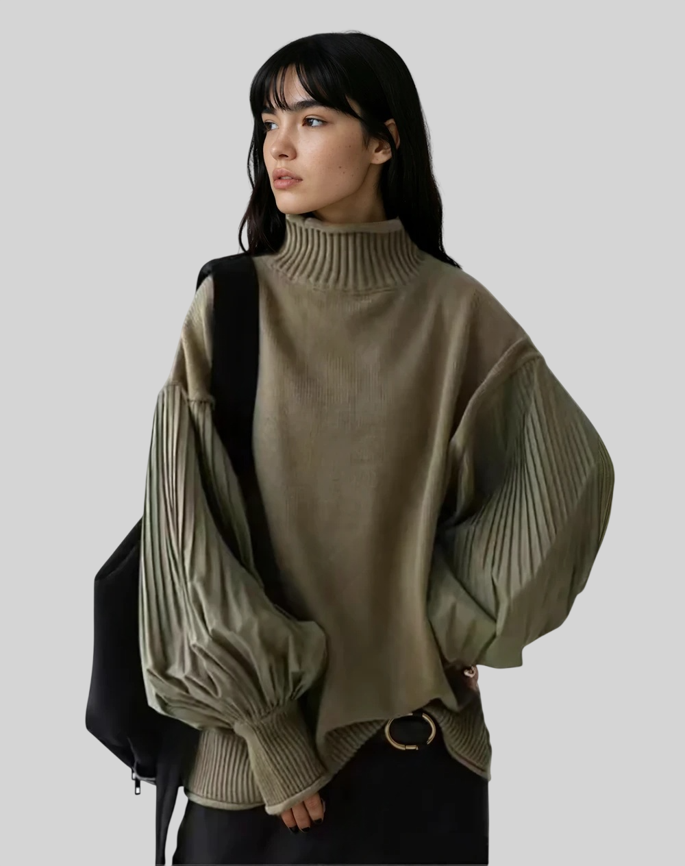 Damen Pullover mit Rollkragen – Patchwork-Design & Weite Ärmel