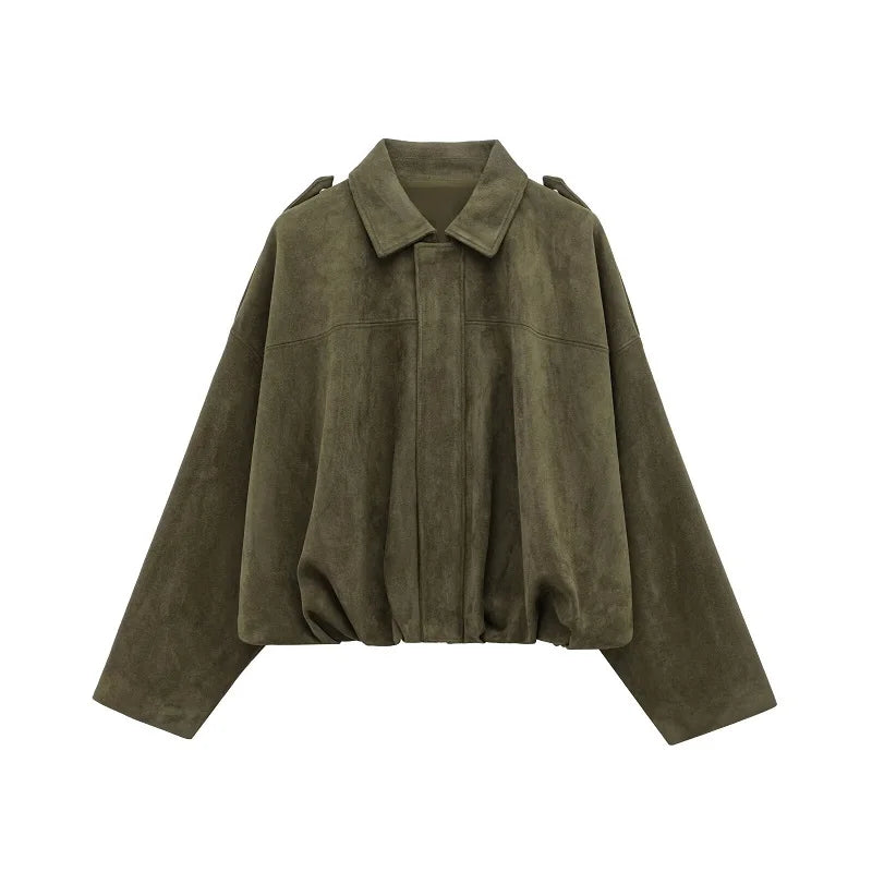 Oversized Damen-Bomberjacke in Veloursleder-Optik – wattierte Jacke mit Reißverschluss