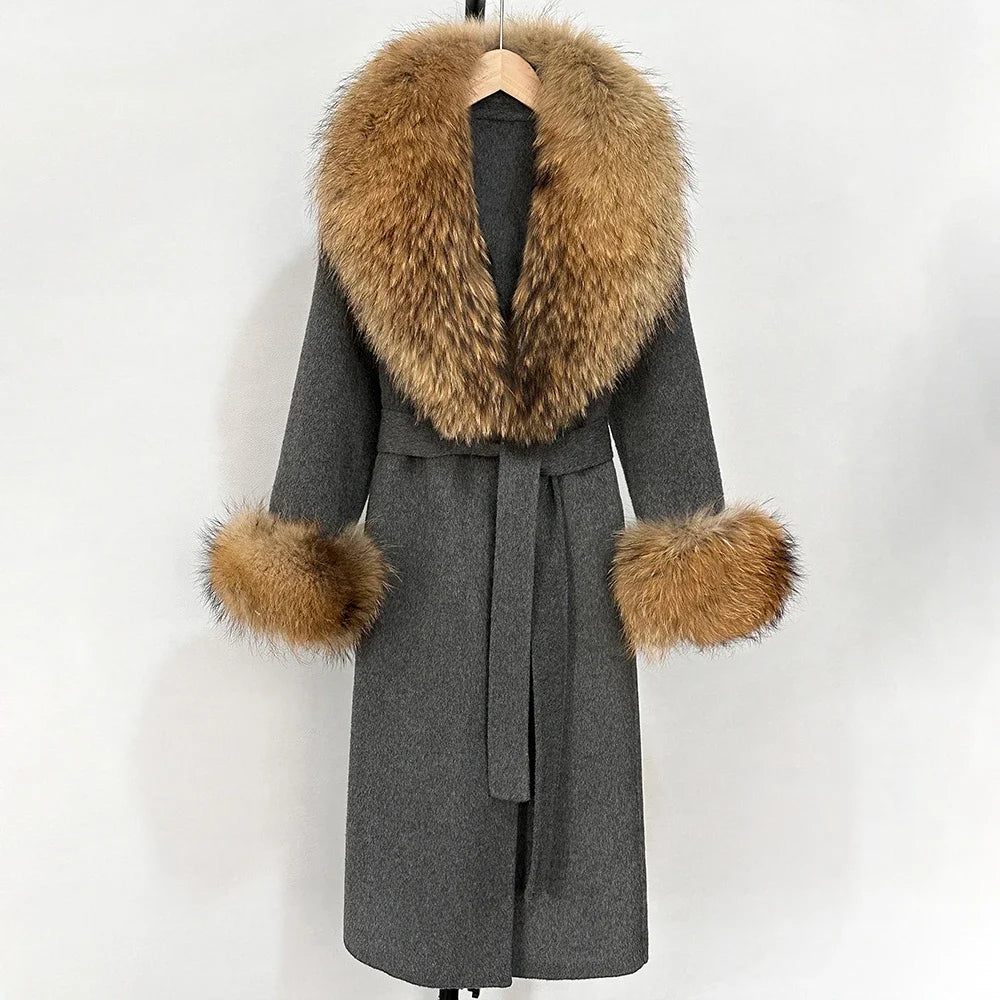 Eleganter Wollmantel mit Echtpelzkragen – Damen Wintermantel aus Wollmischung