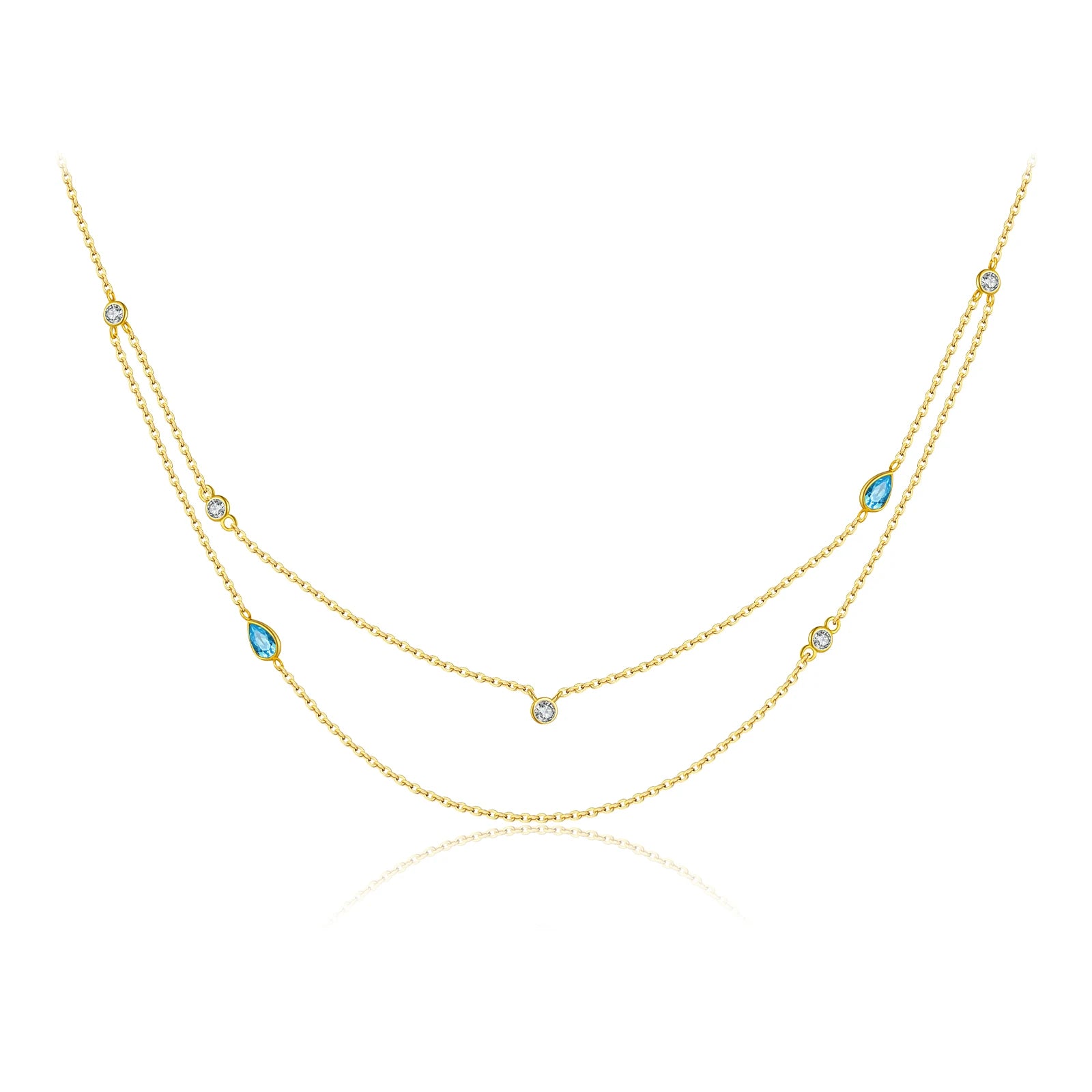 Luxuriöse 925 Sterling Silber Doppelketten Halskette, vergoldet oder platinbeschichtet, mit tropfenförmigem blauem Zirkonia – Zart, stilvoll & elegant