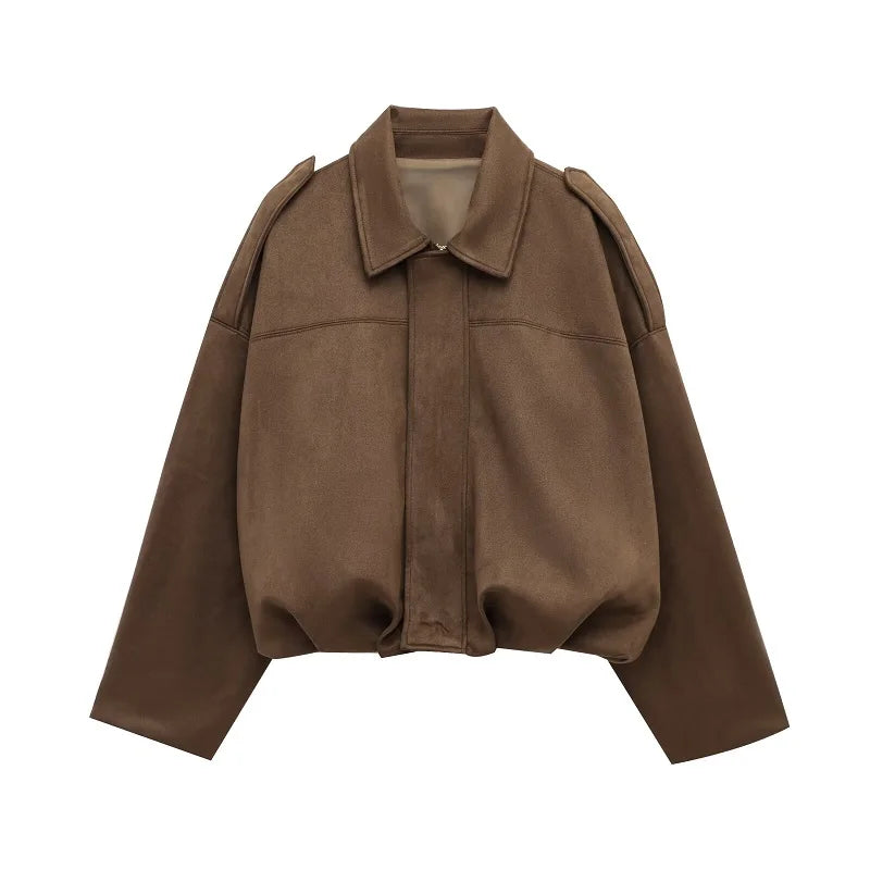 Oversized Damen-Bomberjacke in Veloursleder-Optik – wattierte Jacke mit Reißverschluss