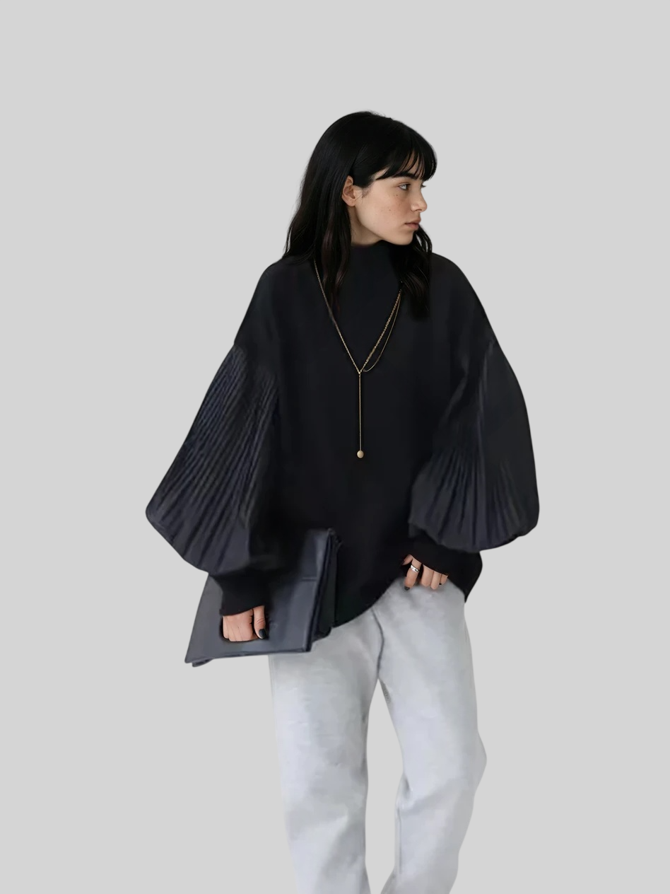 Damen Pullover mit Rollkragen – Patchwork-Design & Weite Ärmel