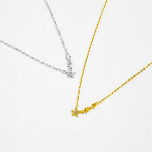 925 Sterling Silber Halskette, vergoldet oder platinbeschichtet, mit Drei-Sterne Anhänger und Zirkonia – Lang, elegant & feminin