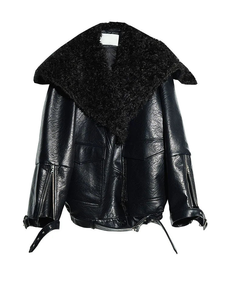 Elegante Damenjacke aus Kunstleder mit Lammfell – Warmer Wintermantel