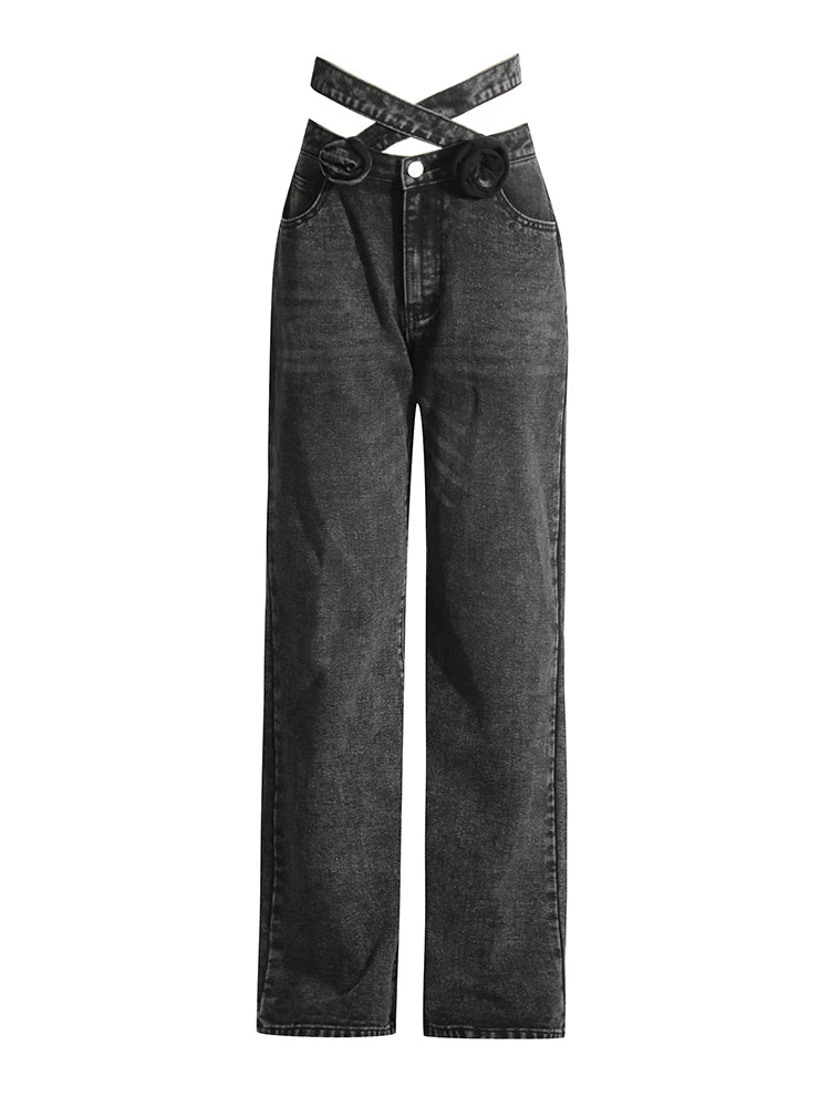 Damen High Waist Patchwork Jeans – Weite Denim Hose mit Cut-Out & Taschen