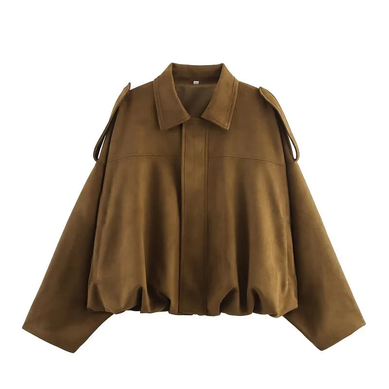Oversized Damen-Bomberjacke in Veloursleder-Optik – wattierte Jacke mit Reißverschluss