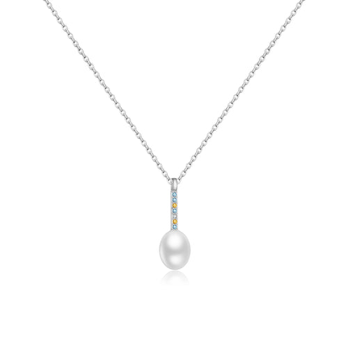 925 Sterling Silber Halskette, vergoldet oder platinbeschichtet, mit Perle & bunten Zirkonia – Geometrischer Anhänger, eleganter Damenschmuck