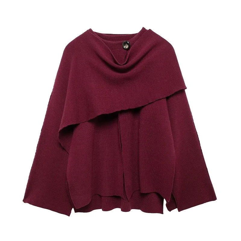 Eleganter Damen Cape Mantel – Strick Poncho mit Schal-Kragen
