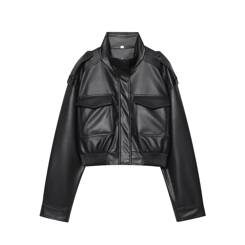 Moderne Damenjacke aus Leder – Cropped-Bomberjacke mit langen Ärmeln