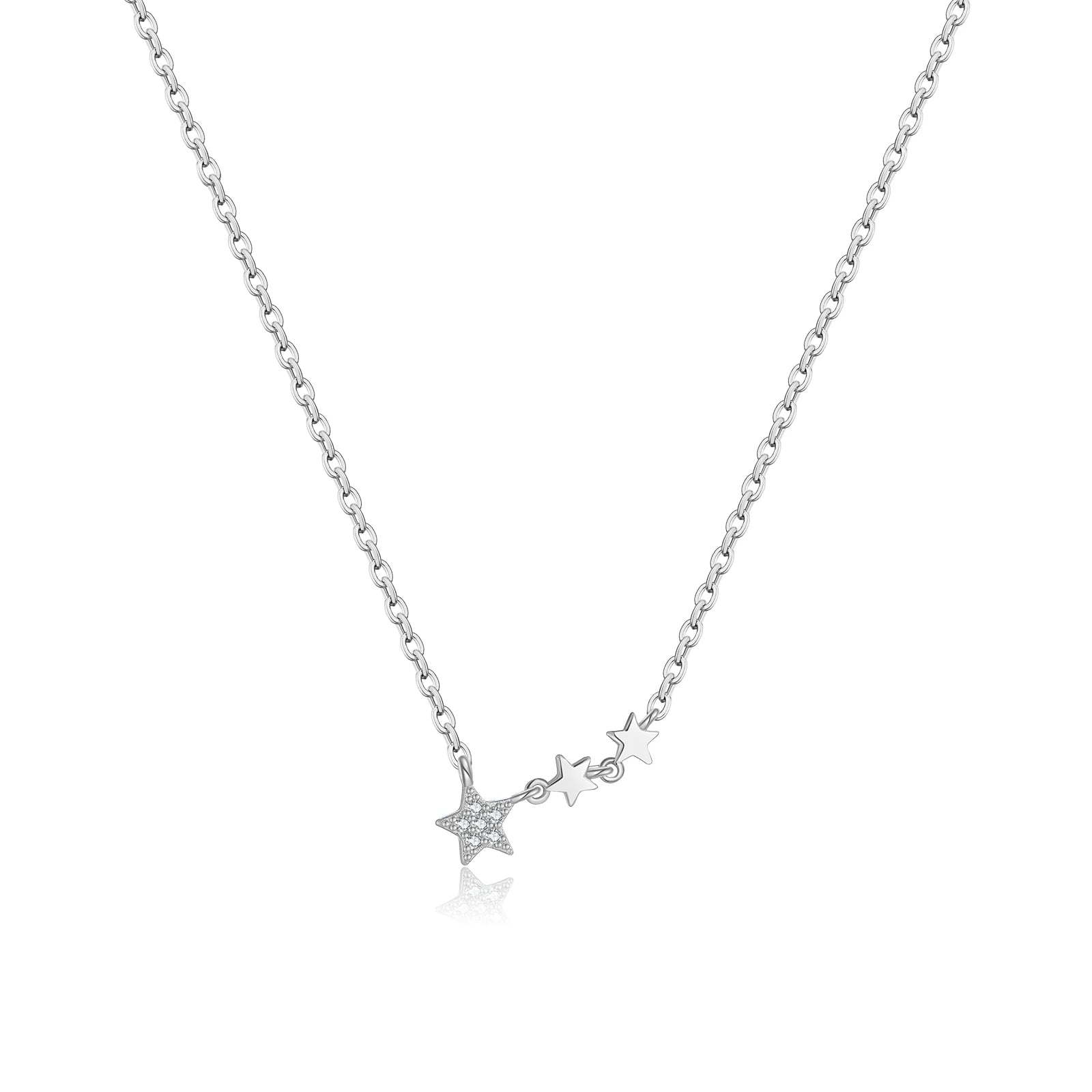 925 Sterling Silber Halskette, vergoldet oder platinbeschichtet, mit Drei-Sterne Anhänger und Zirkonia – Lang, elegant & feminin