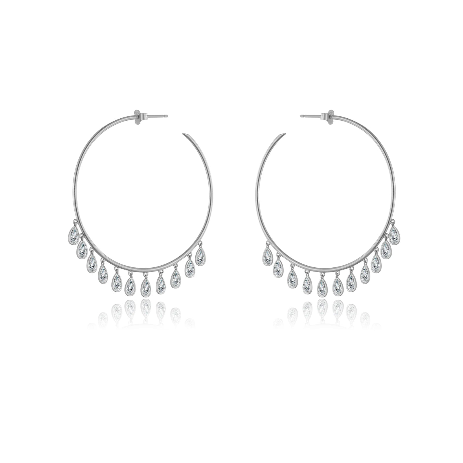 925 Sterling Silber Große Creolen 50mm mit Tropfen Zirkonia – Dünn, Elegant & Modern – Vergoldet oder Platinbeschichtet