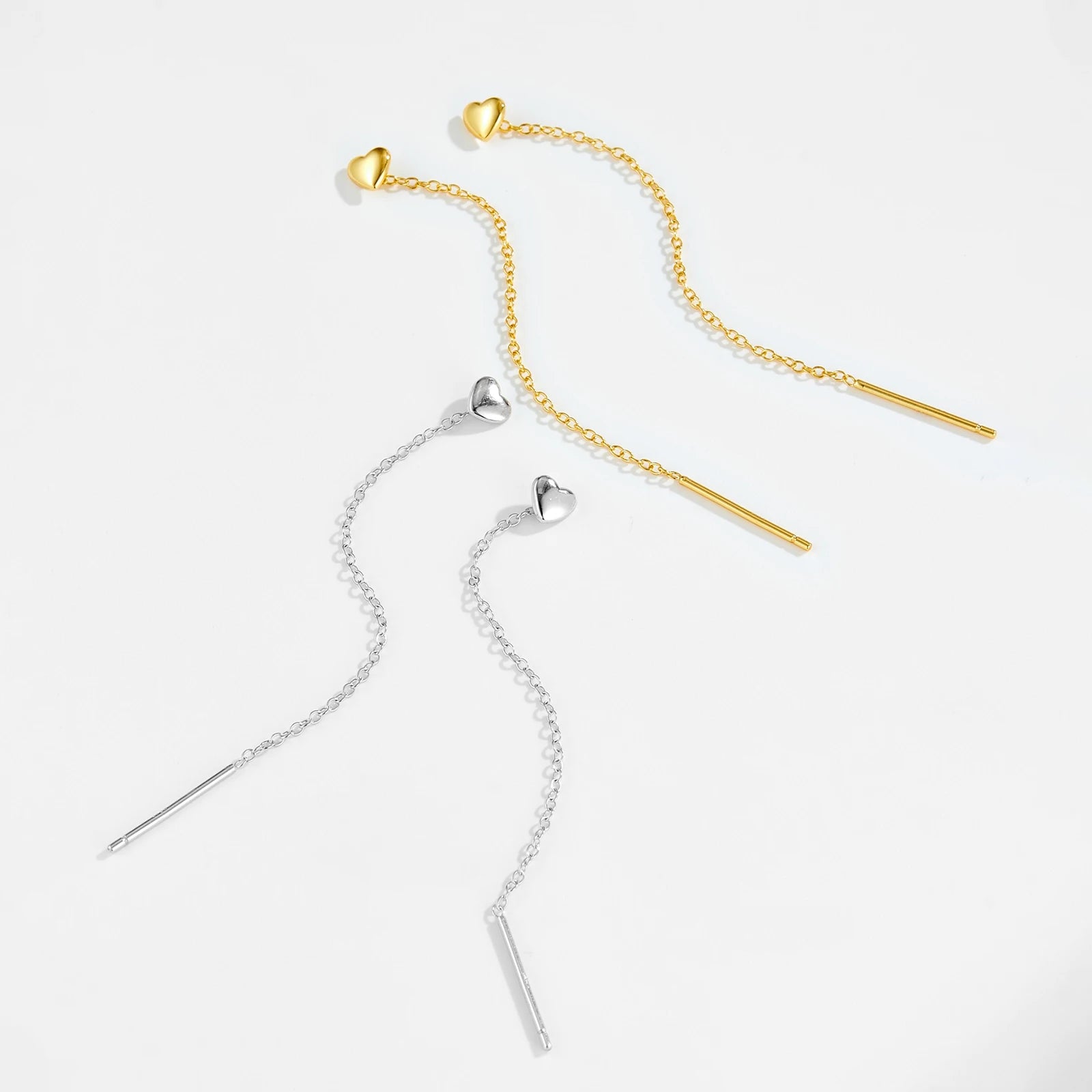 925 Sterling Silber Herz Ohrhänger mit Langer Kette – Zart, Minimalistisch & Elegant – Vergoldet oder Platinbeschichtet
