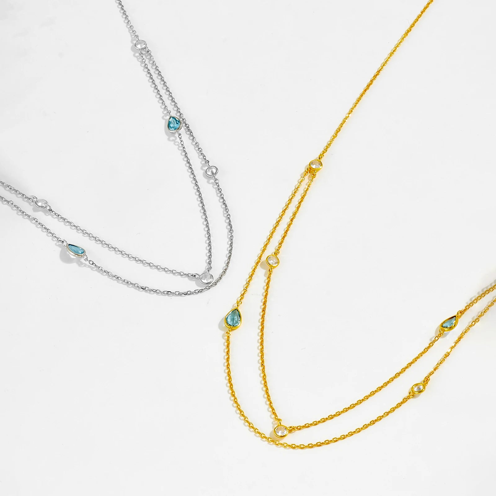 Luxuriöse 925 Sterling Silber Doppelketten Halskette, vergoldet oder platinbeschichtet, mit tropfenförmigem blauem Zirkonia – Zart, stilvoll & elegant