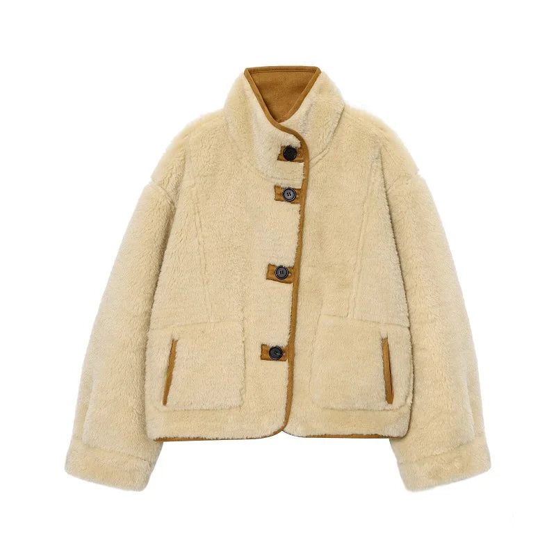 Damen-Teddyjacke zum Wenden mit weichem Plüsch – warmer Mantel für den Winter