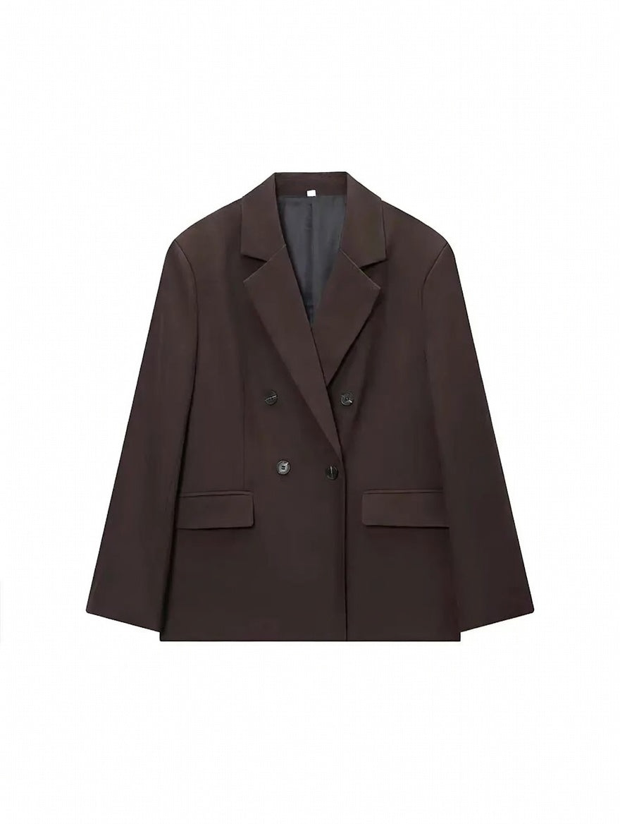 Elegantes Damen Zweiteiler Set in Schokobraun – Blazer mit V-Ausschnitt, Doppelknopf & Mini Rock/Shorts