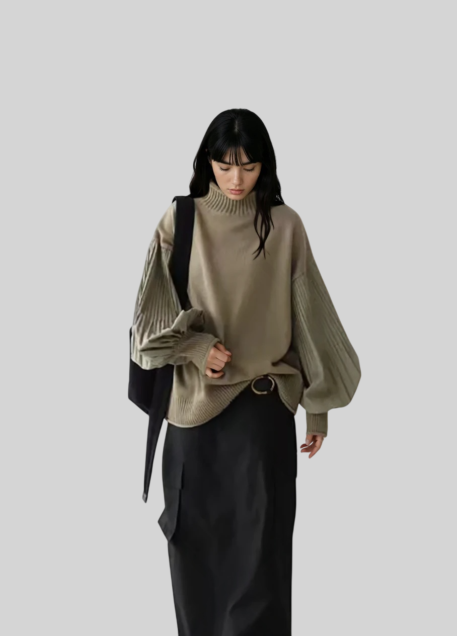 Damen Pullover mit Rollkragen – Patchwork-Design & Weite Ärmel
