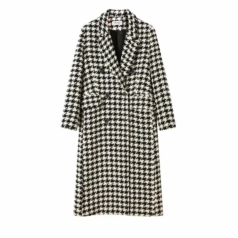 Eleganter Damen Wollmantel – Doppelreihig & Hahnentritt