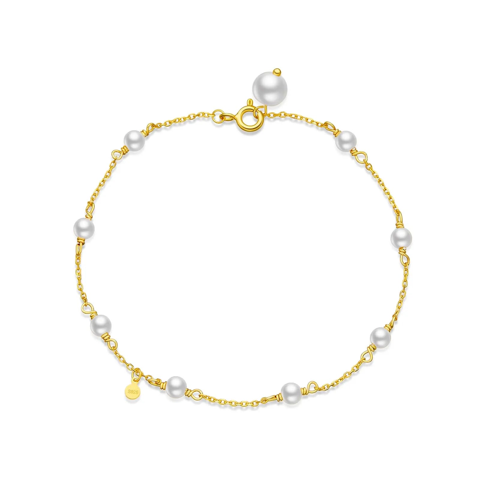 Elegantes Damen Armband aus 925 Sterling Silber, vergoldet oder platinbeschichtet, mit 4mm Perlen und 6mm Details – zeitloser Schmuck