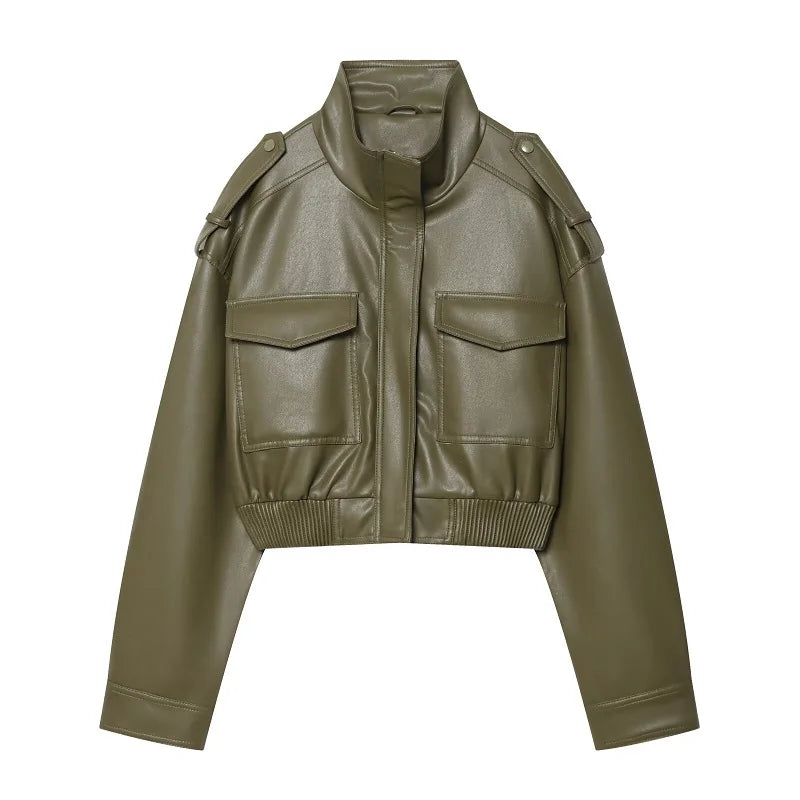 Moderne Damenjacke aus Leder – Cropped-Bomberjacke mit langen Ärmeln