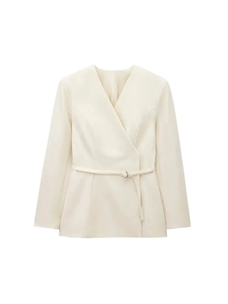 Minimalistischer Damen Blazer mit Gürtel – V-Ausschnitt