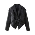 Elegante Damen Kunstlederjacke mit Gürtel und Reverskragen