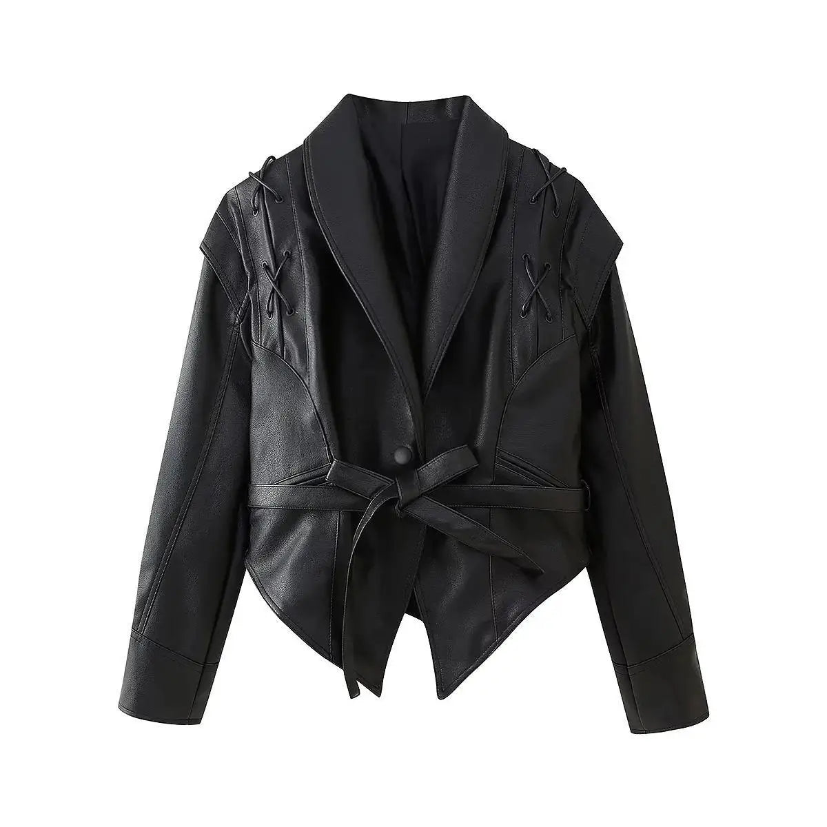 Elegante Damen Kunstlederjacke mit Gürtel und Reverskragen