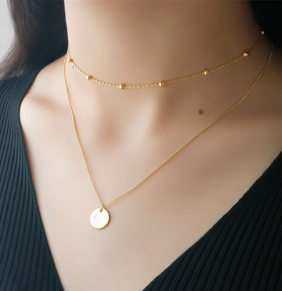Elegante 925 Sterling Silber Doppel-Halskette mit Rundem Anhänger – Vergoldet oder platinbeschichtet, Verstellbar, Zeitloser Damen Schmuck
