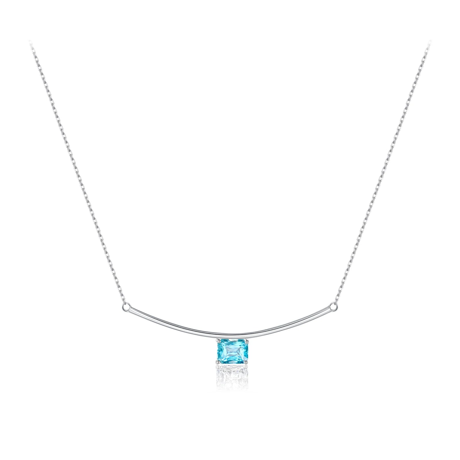 Luxuriöse 925 Sterling Silber Halskette, platinbeschichtet, mit aquamarinblauem & klarem Zirkonia – Geometrischer Anhänger, zart & stilvoll