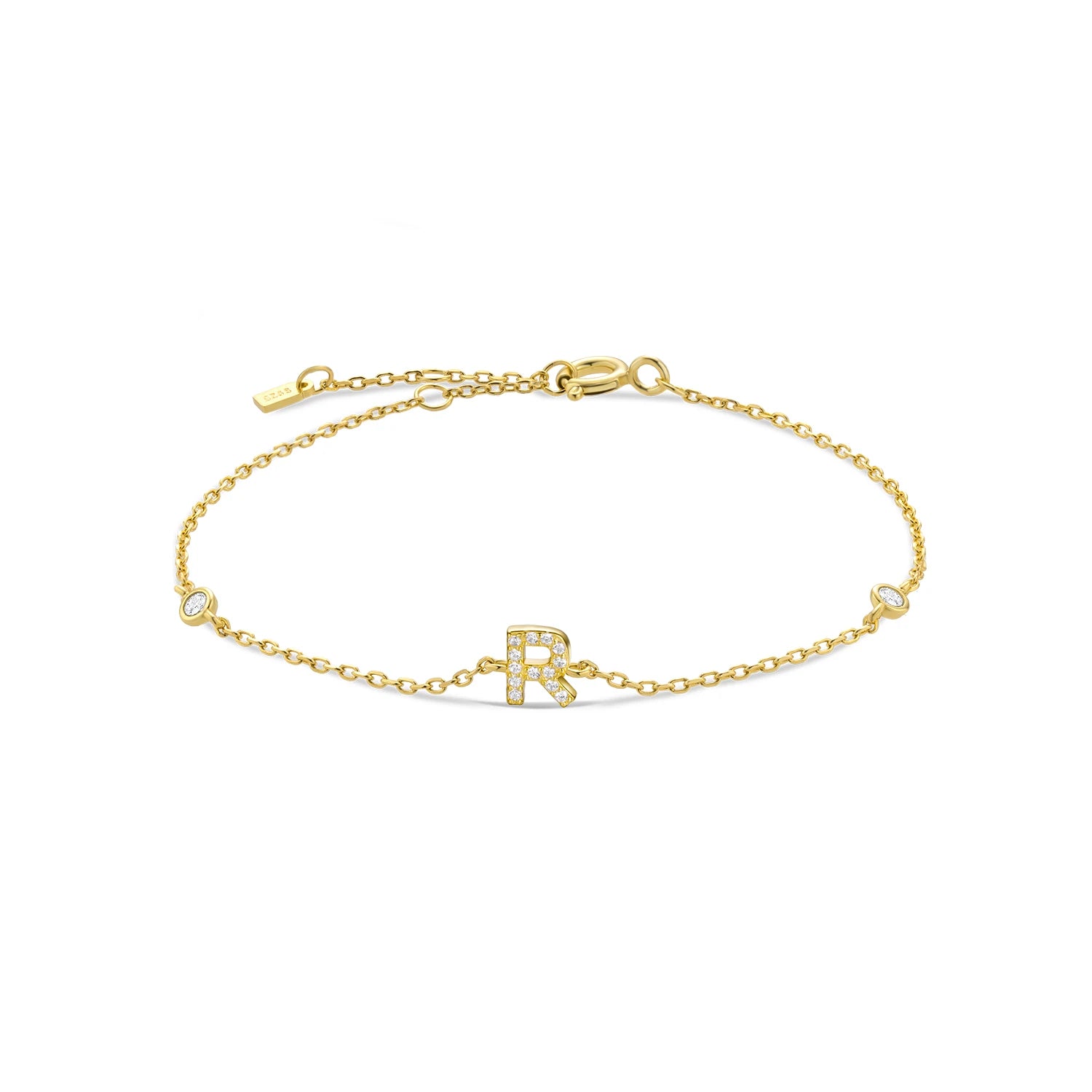 925 Sterling Silber Initial Armband, vergoldet oder platinbeschichtet – Buchstabe A–Z mit Zirkonia